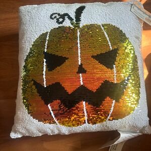 Cracker Barrel Pumpkin Pillow White Reversible Sequin Halloween Decor